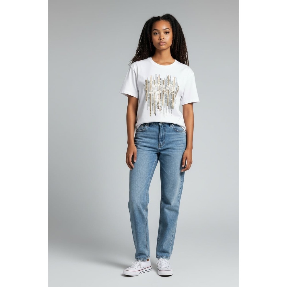 Studio F White Sequin Love Graphic T-Shirt Size XS